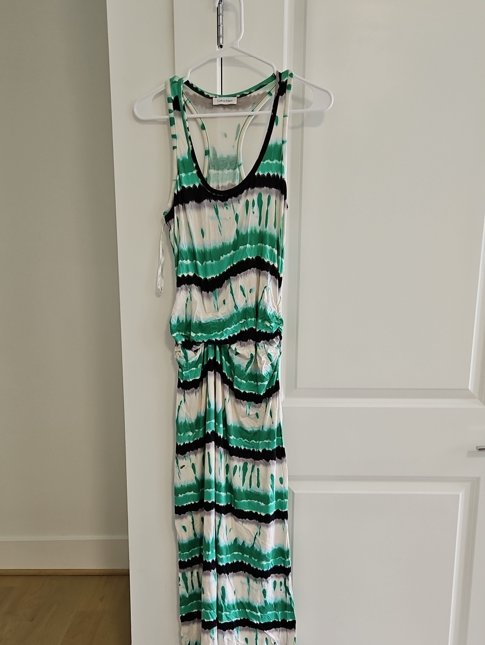 Calvin Klein Green, White & Black Striped Tie-Dye Maxi Dress